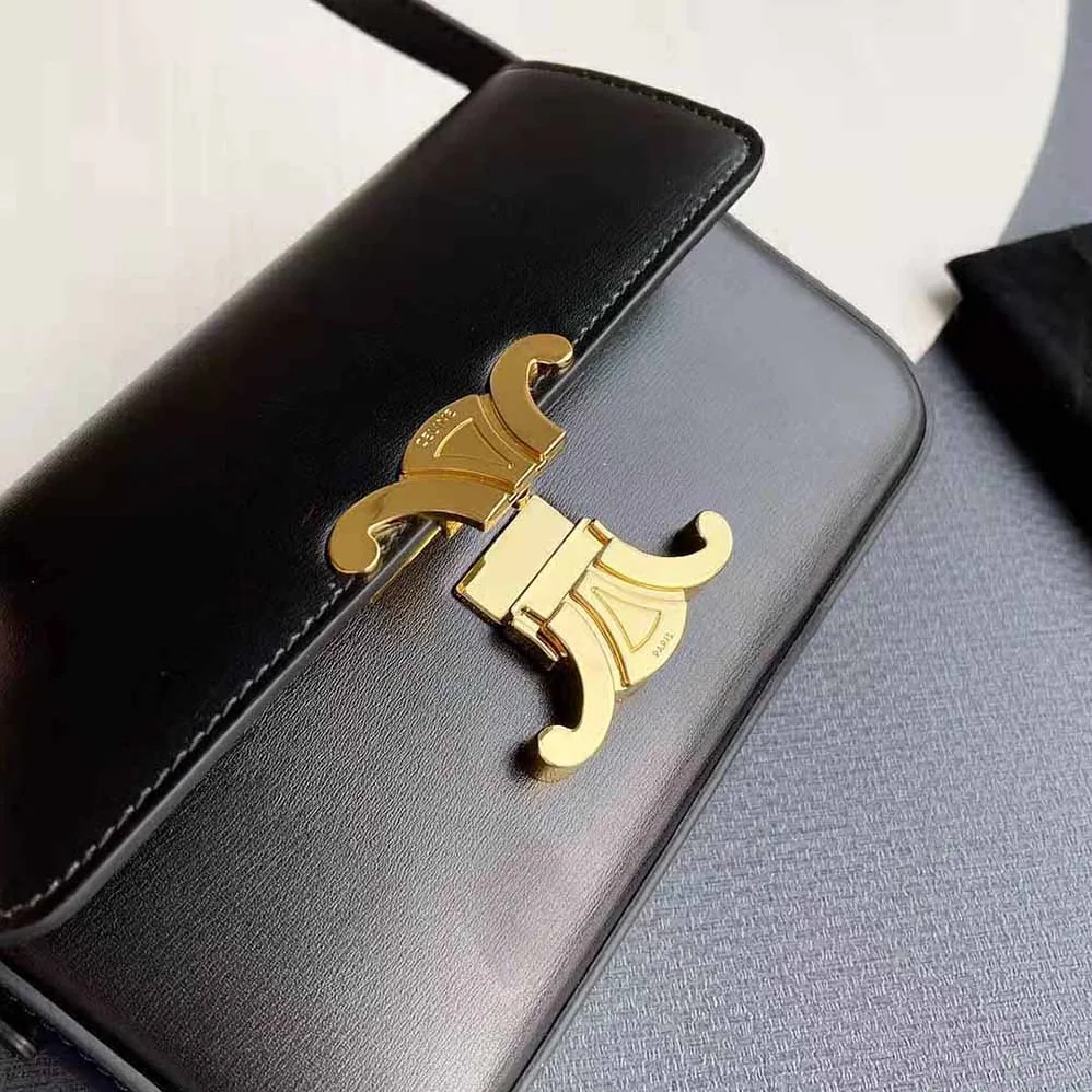 Celine Triomphe Shoulder Bag in Shiny Calfskin for Women in Black