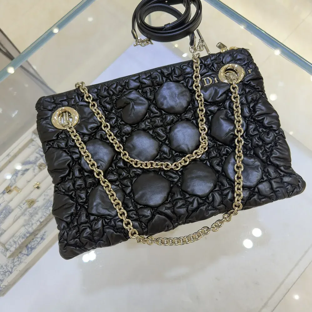 Dior Small Dior Crunchy Bag Black Puffy Macrocannage Calfskin for Women