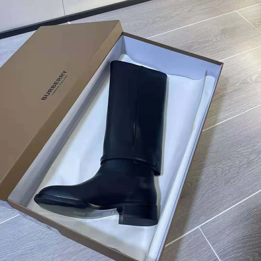 Burberry Leather Boots with a Logo-Embossed Ankle Strap for Women in Black