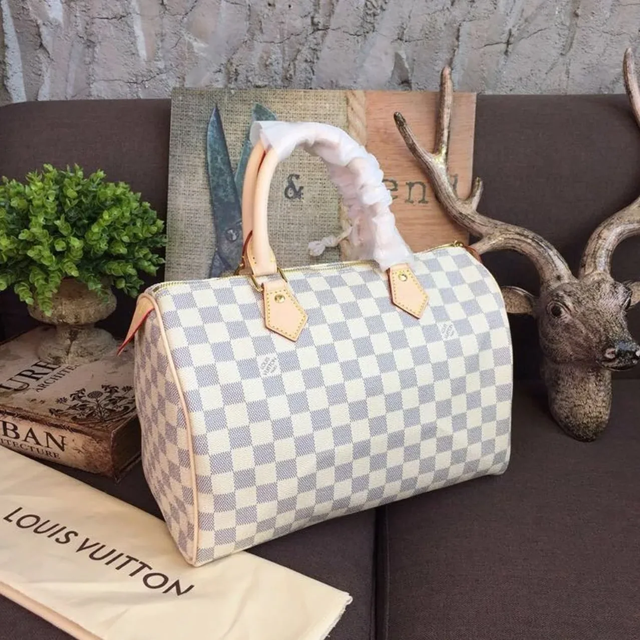 Louis Vuitton Speedy 30 Top Handle Bag / White/ Multicoloured Damier Azur Canvas Gold Hardware