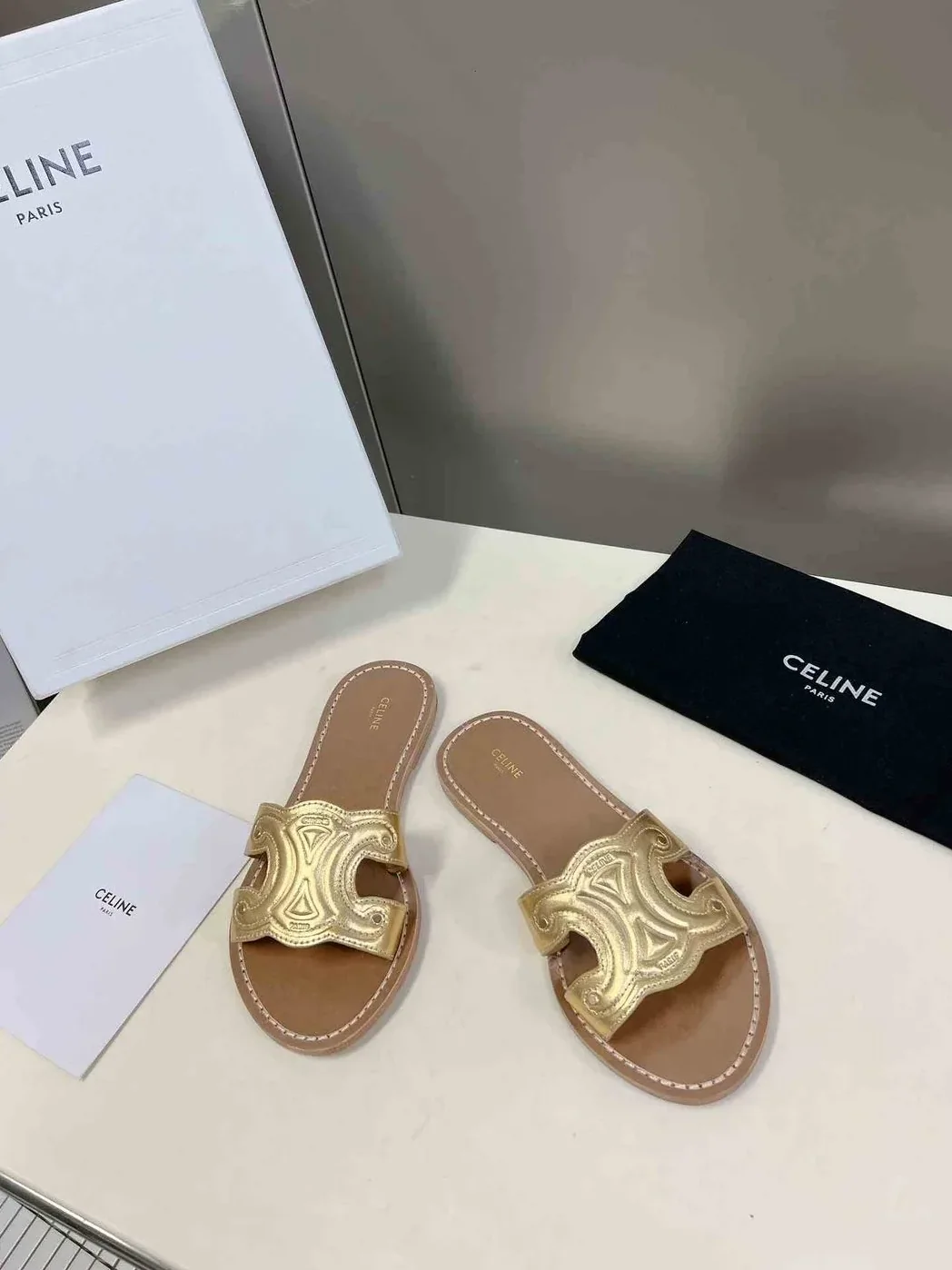 Celine Triomphe Mule In Metalized Gole Tone