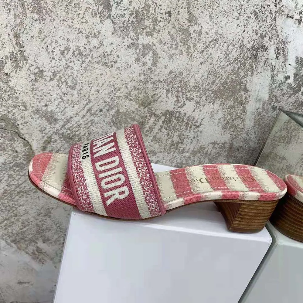 Dior Dway Heeled Slide Dark Nude D for Women in Stripes Embroidered Cotton