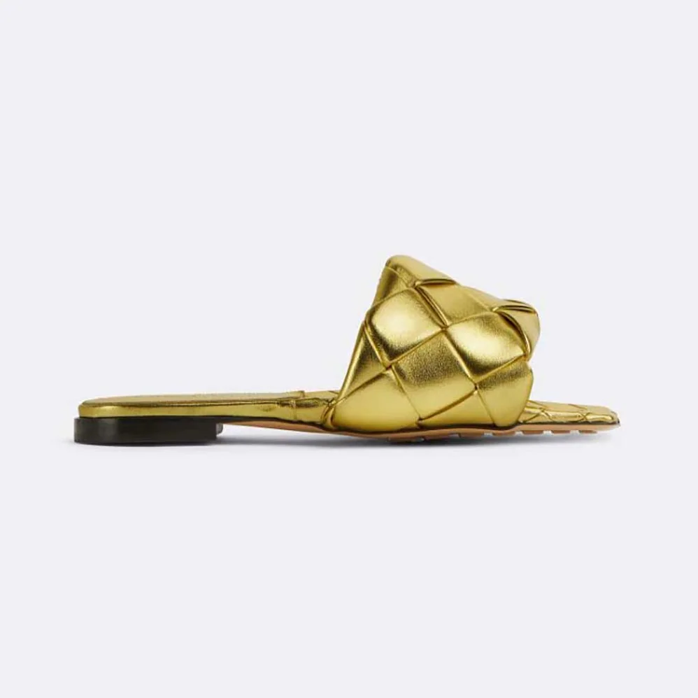 Bottega Veneta Lido Flat Sandal Intreccio Metallised Leather Flat Sandals for Women in Gold