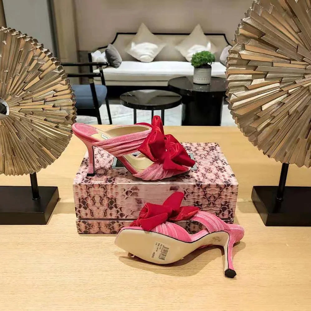 Jimmy Choo Flaca Sandal 100 Candy Pink Velvet Sandal with Bow for Women Jimmy Choo Flaca Sandal 100 Candy Pink Velvet Sandal with Bow for Women