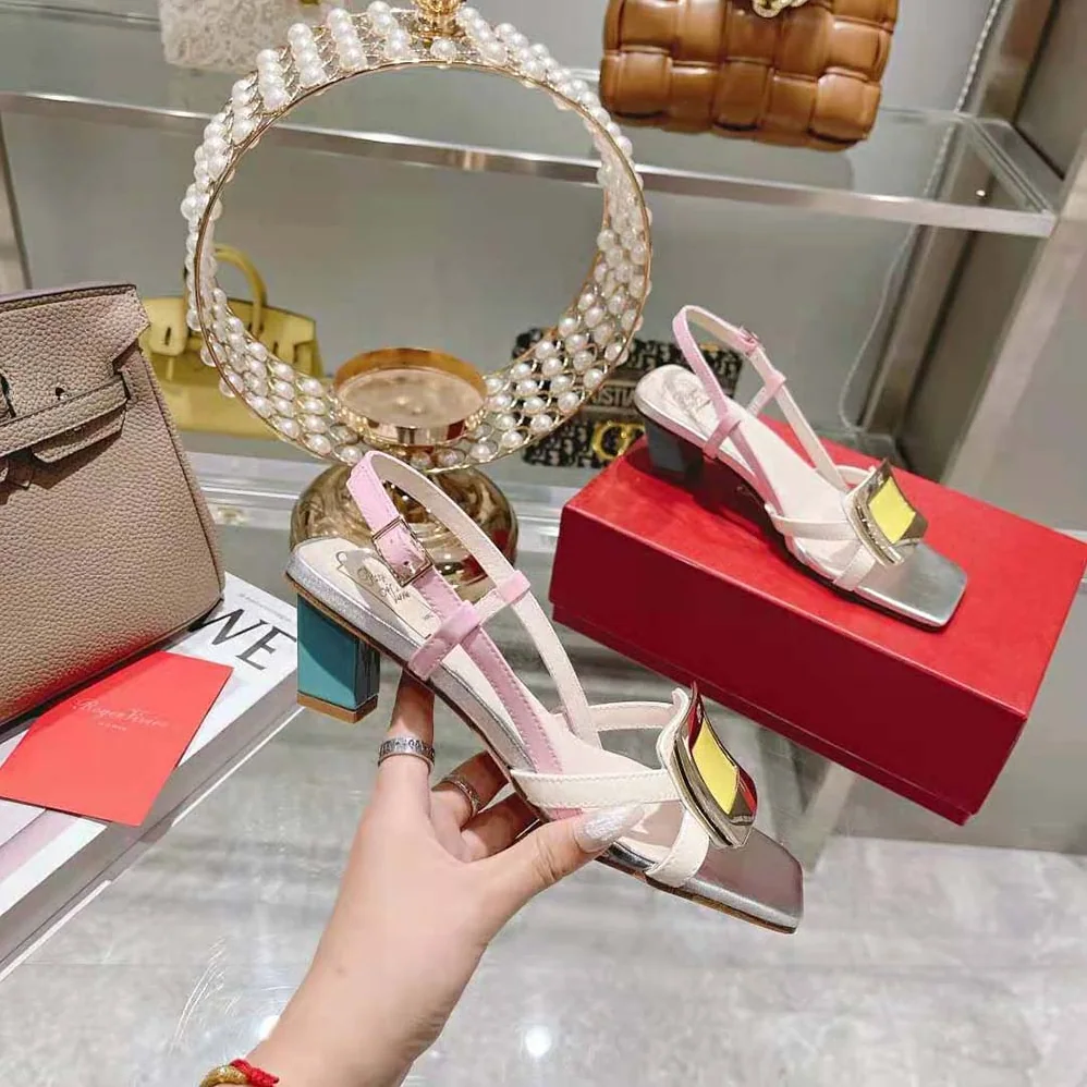 Roger Vivier Belle Vivier Metal Buckle Sandals in Patent Leather for Women in Yellow