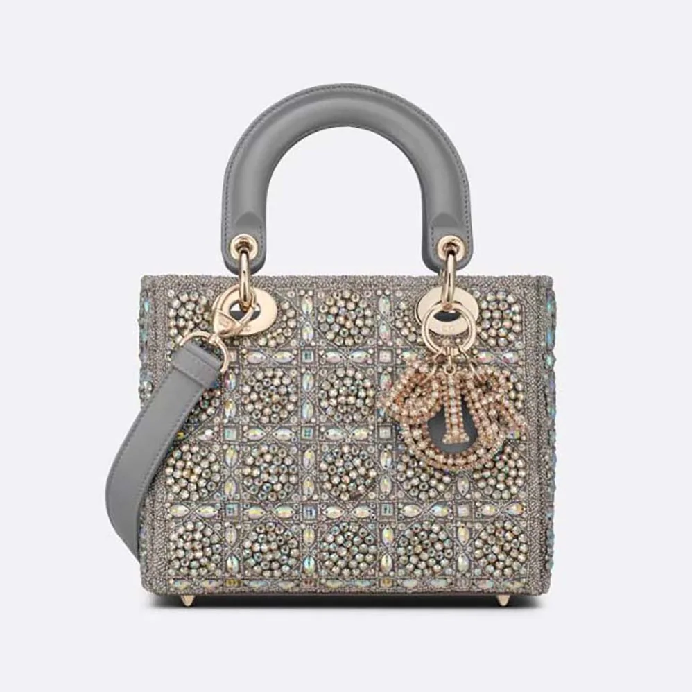 Dior Small Lady Dior Bag Gray Smooth Calfskin and Satin with Bead Embroidery for Women