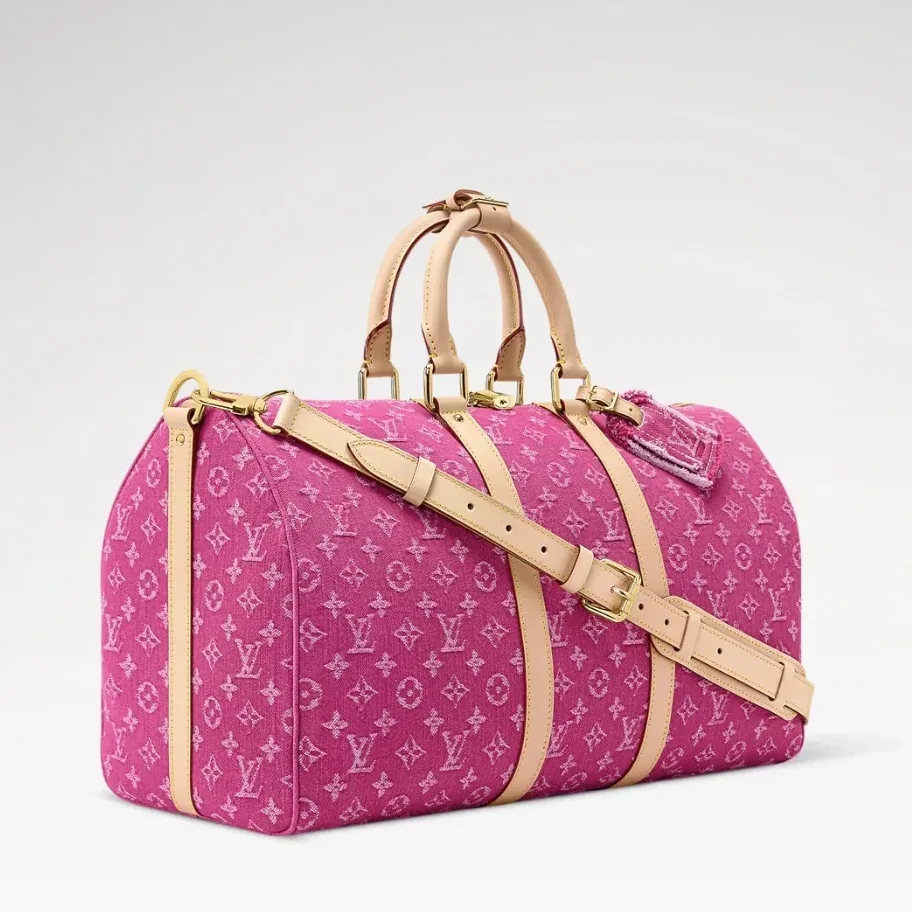Louis Vuitton Keepall Bandouliere 45 Travel Bag in Fuchsia Denim Gold Hardware