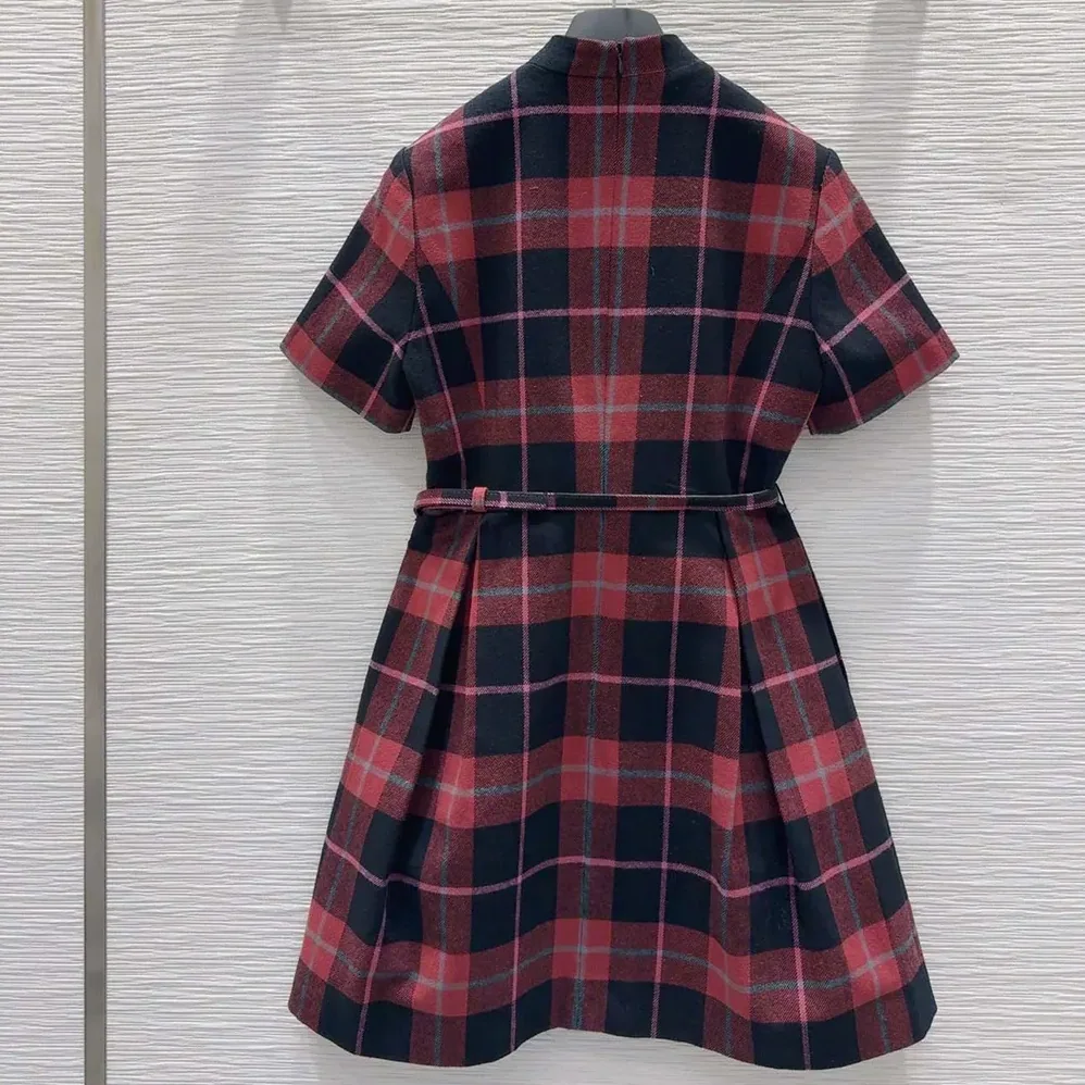 Dior Short Belted Dress Pink Gray and White Check'n'Dior Virgin Wool for Women Dior Short Belted Dress Pink Gray and White Check'n'Dior Virgin Wool for Women