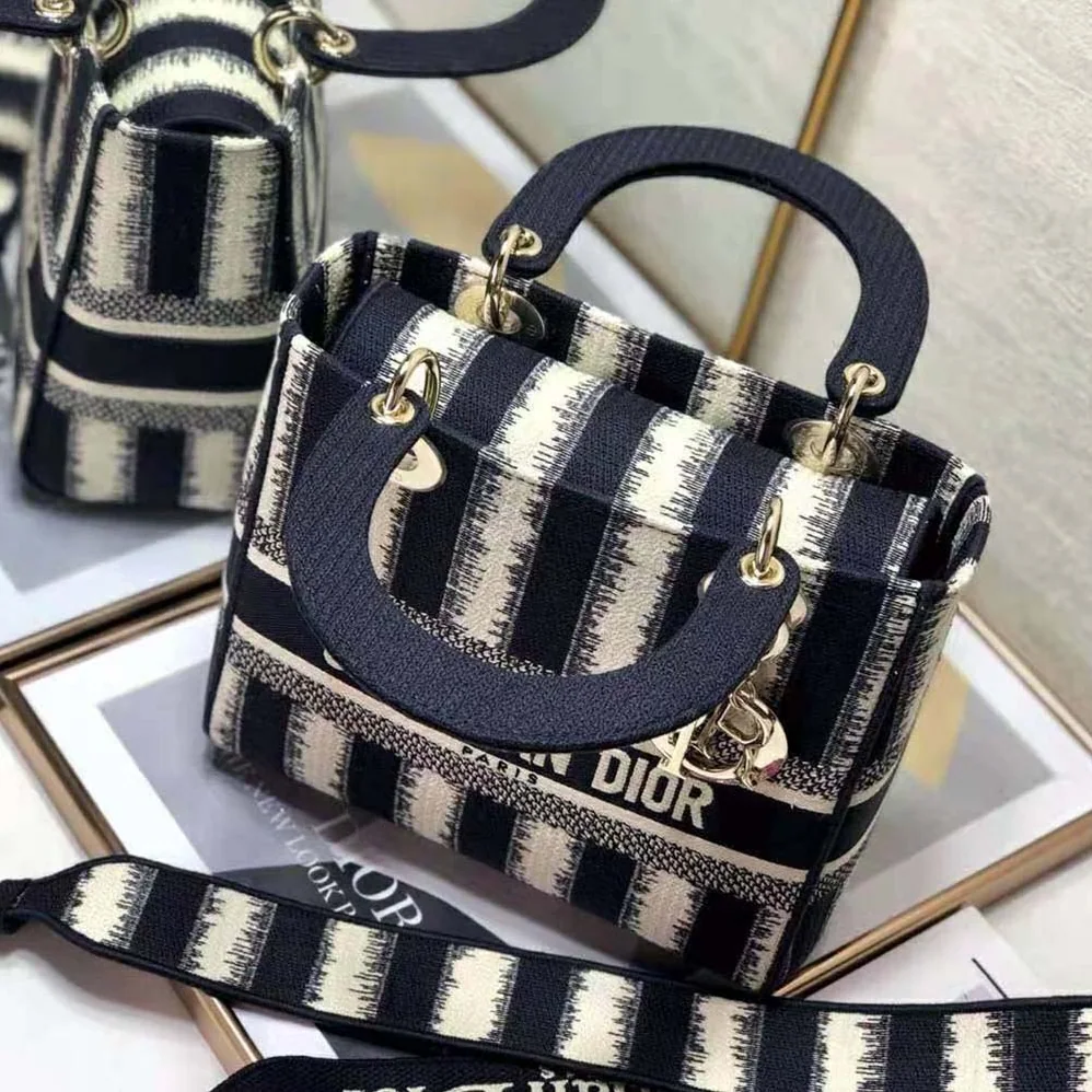 Dior Medium Lady D-lite Bag Blue D for Women in Stripes Embroidery