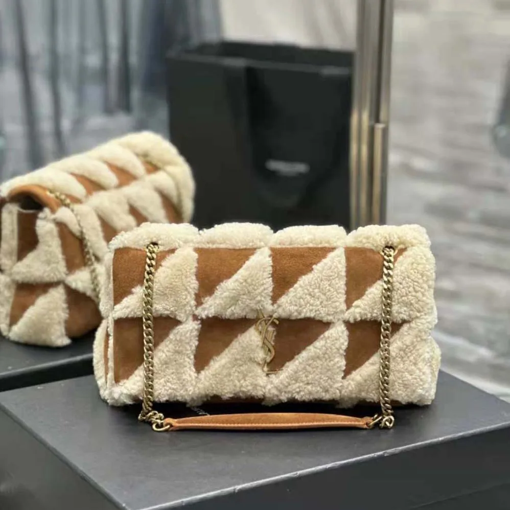Saint Laurent YSL Jamie Medium Chain Bag “Carré Rive Gauche” in Suede and Shearling Patchwork for Women