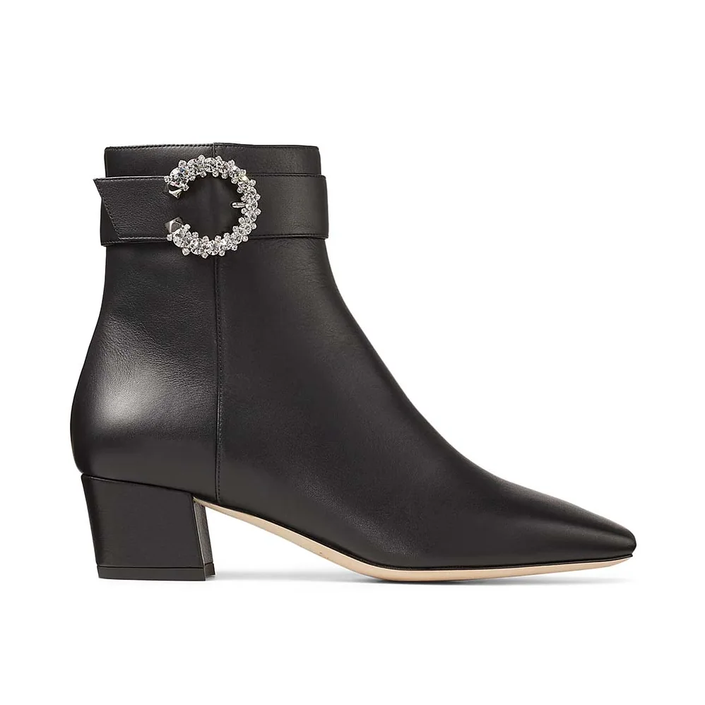 Jimmy Choo Myan 45 Black Smooth Leather Ankle Boots with Crystal Buckle for Women
