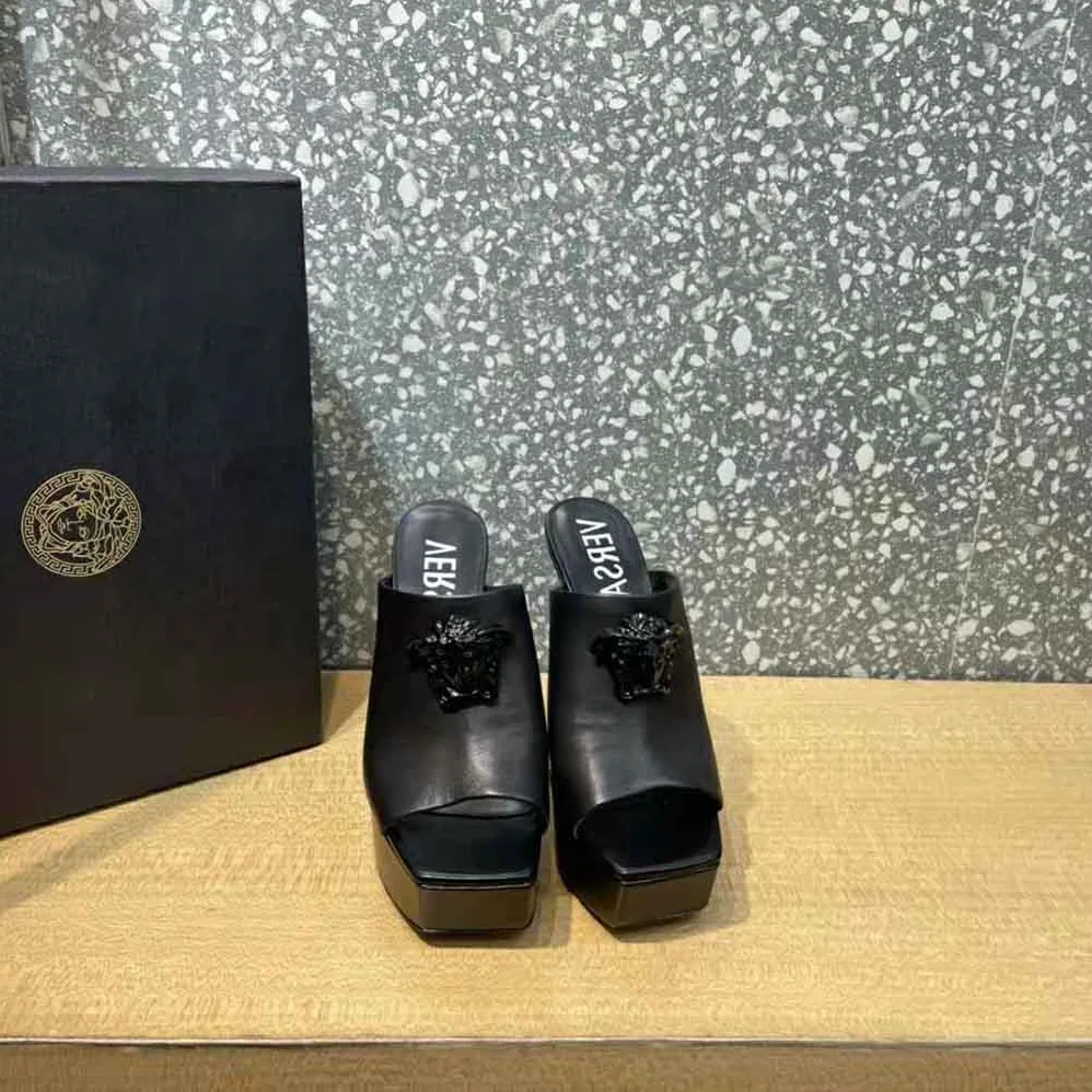 Versace La Medusa Platform Mules in Calf Leather for Women in Black Versace La Medusa Platform Mules in Calf Leather for Women in Black