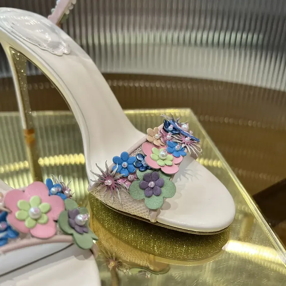 Rene Caovilla Roxanne Sandal with Multicolor Flowers 105 for Women Rene Caovilla Roxanne Sandal with Multicolor Flowers 105 for Women