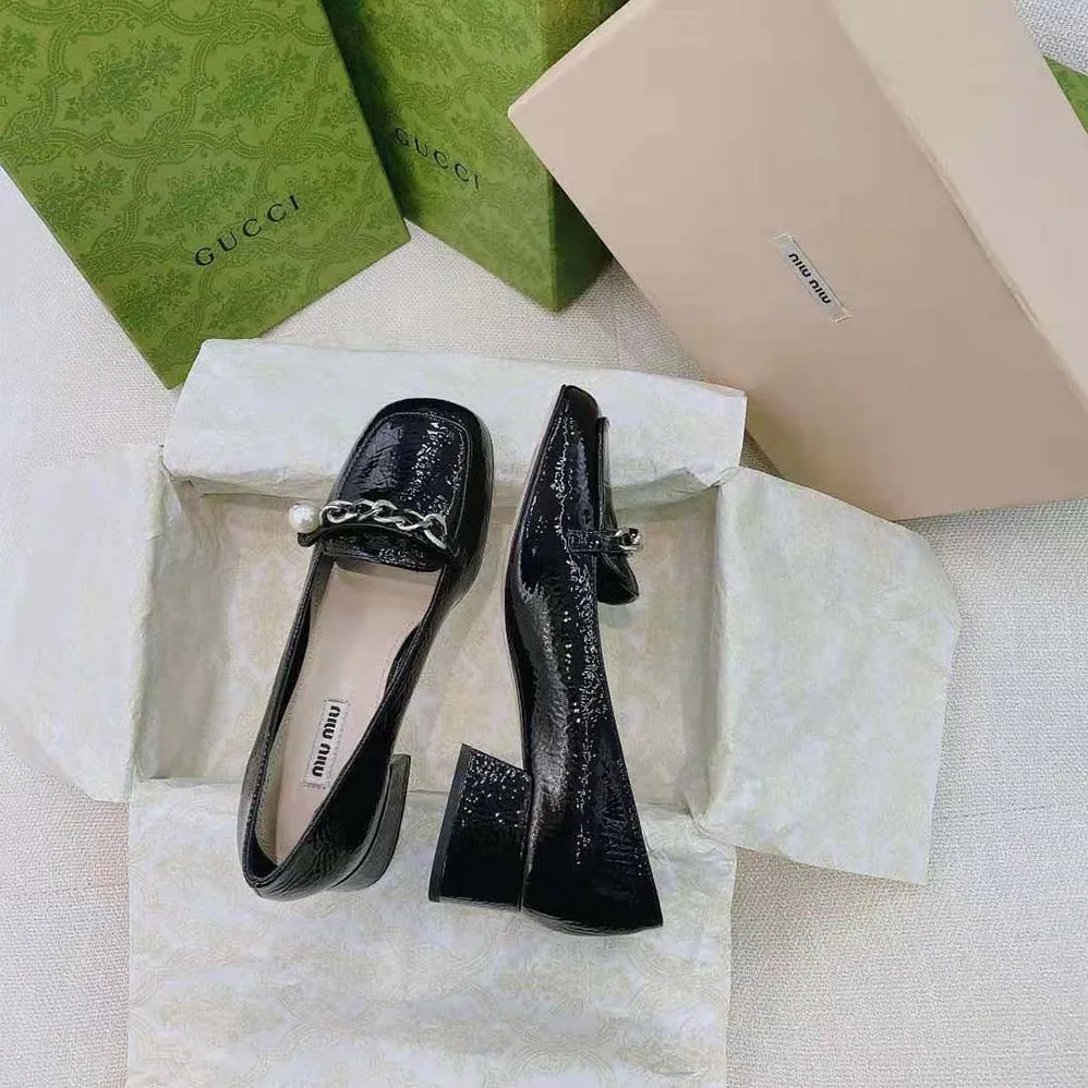 Miu Miu Patent Leather Loafers in 35mm Heel for Women in Black Miu Miu Patent Leather Loafers in 35mm Heel for Women in Black