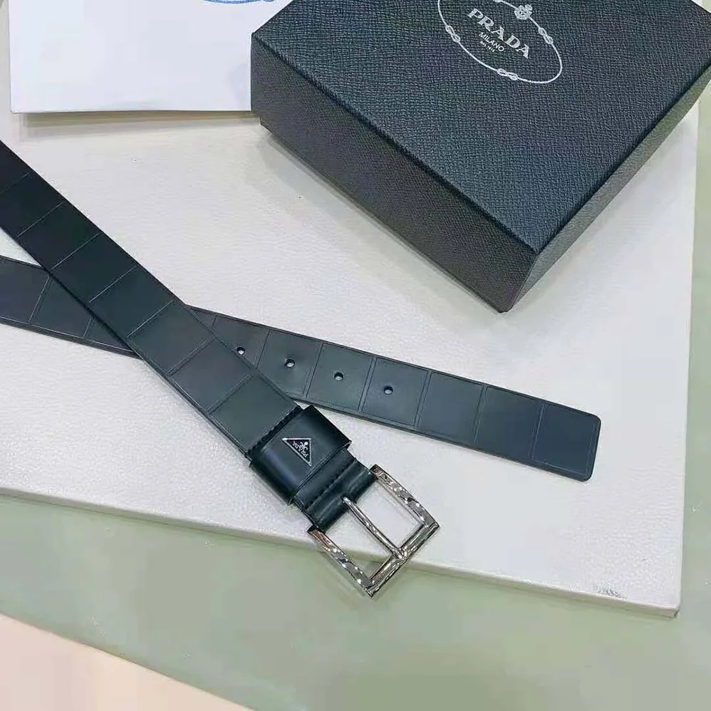 Prada Brushed Leather Belt with Enameled Metal Triangle Logo for Women