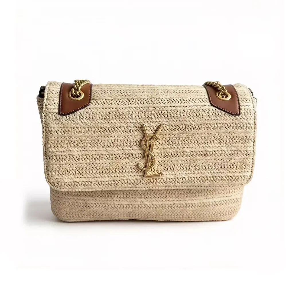 Saint Laurent YSL Niki Medium Chain Bag in Raffia and Leather for Women in Natural Saint Laurent YSL Niki Medium Chain Bag in Raffia and Leather for Women in Natural