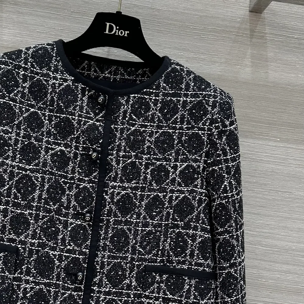 Dior Macrocannage Cropped Jacket Black and White Technical Cotton Tweed for Women