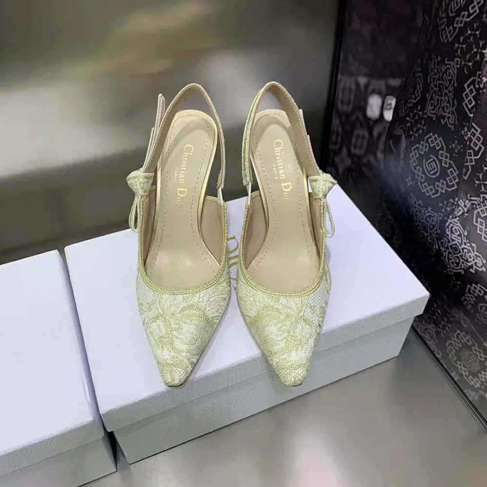 Dior J'Adior Slingback Pump White and Gold for Women in Tone Cotton Embroidered