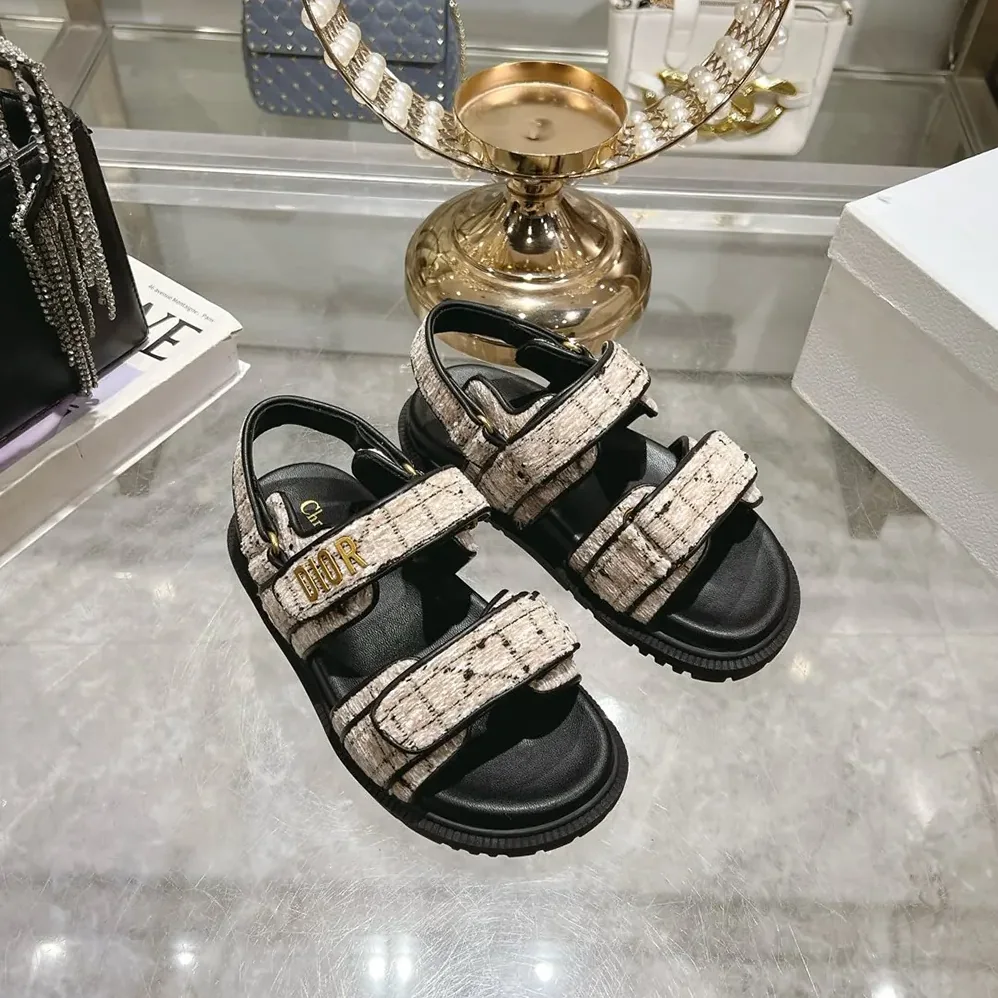 Dior Dioract Sandal Beige and Black Cannage Tweed for Women
