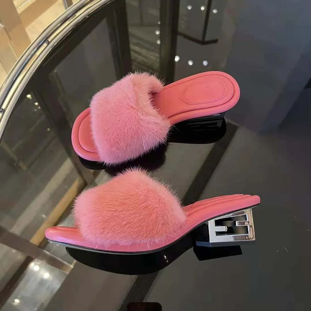 Fendi Baguette Pink Mink Slides for Women Fendi Baguette Pink Mink Slides for Women