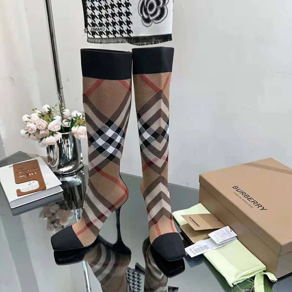 Burberry Knitted Check Sock Boots for Women in Brown