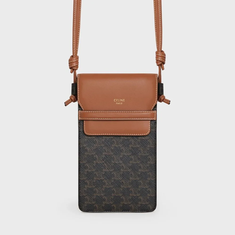 Celine Phone Pouch with Flap in Triomphe Canvas and Lambskin for Women in Brown