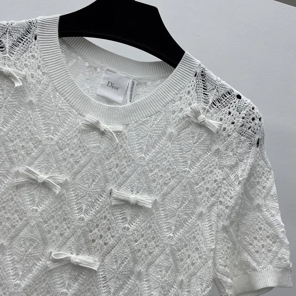 Dior Dioriviera Embroidered Short-Sleeved Sweater Ecru Openwork Cotton Knit for Women Dior Dioriviera Embroidered Short-Sleeved Sweater Ecru Openwork Cotton Knit for Women
