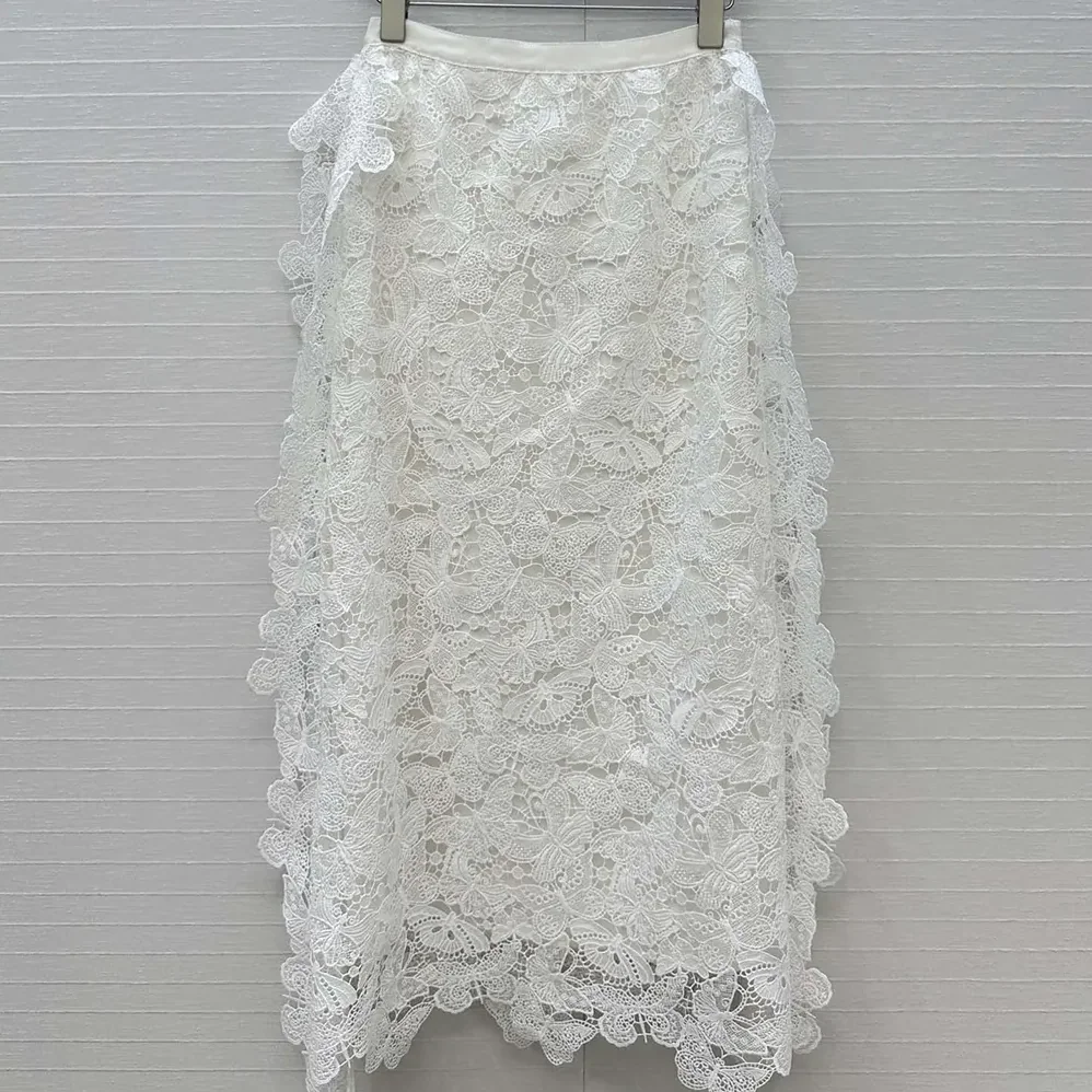 Dior Mid-Length Skirt Ecru Cotton-Blend Lace with Allover Butterfly Motif for Women