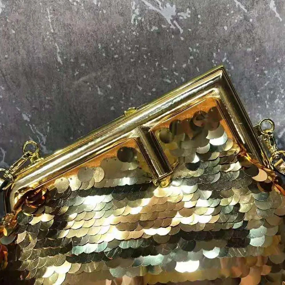 Fendi First Small Gold-colored Leather and Sequinned Bag for Women