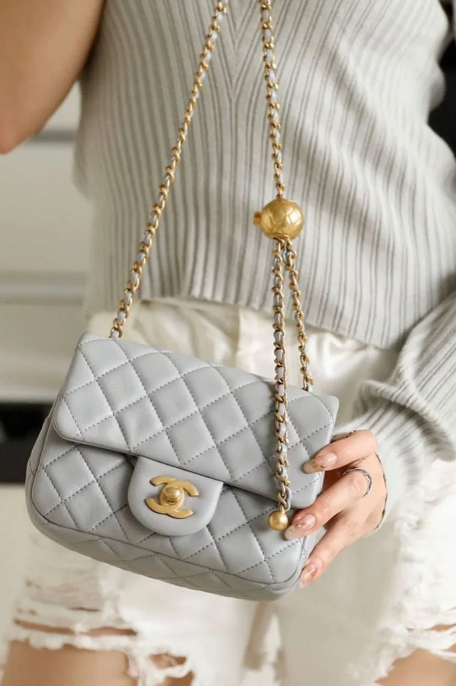 Chanel Classic Flap Bag With Charm Chain Mini Crossbody in Grey Gold Hardware
