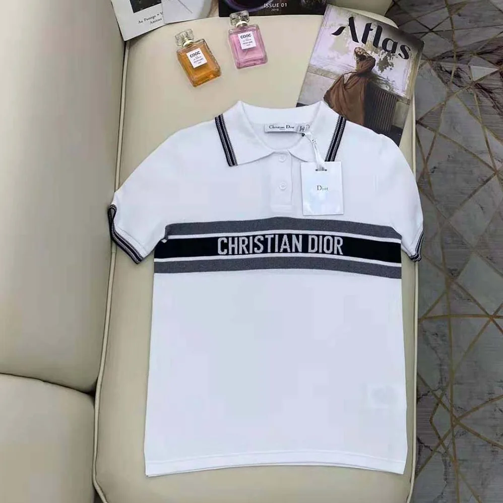 Dior Polo Shirt White and Navy Blue Cotton Jersey for Women Dior Polo Shirt White and Navy Blue Cotton Jersey for Women