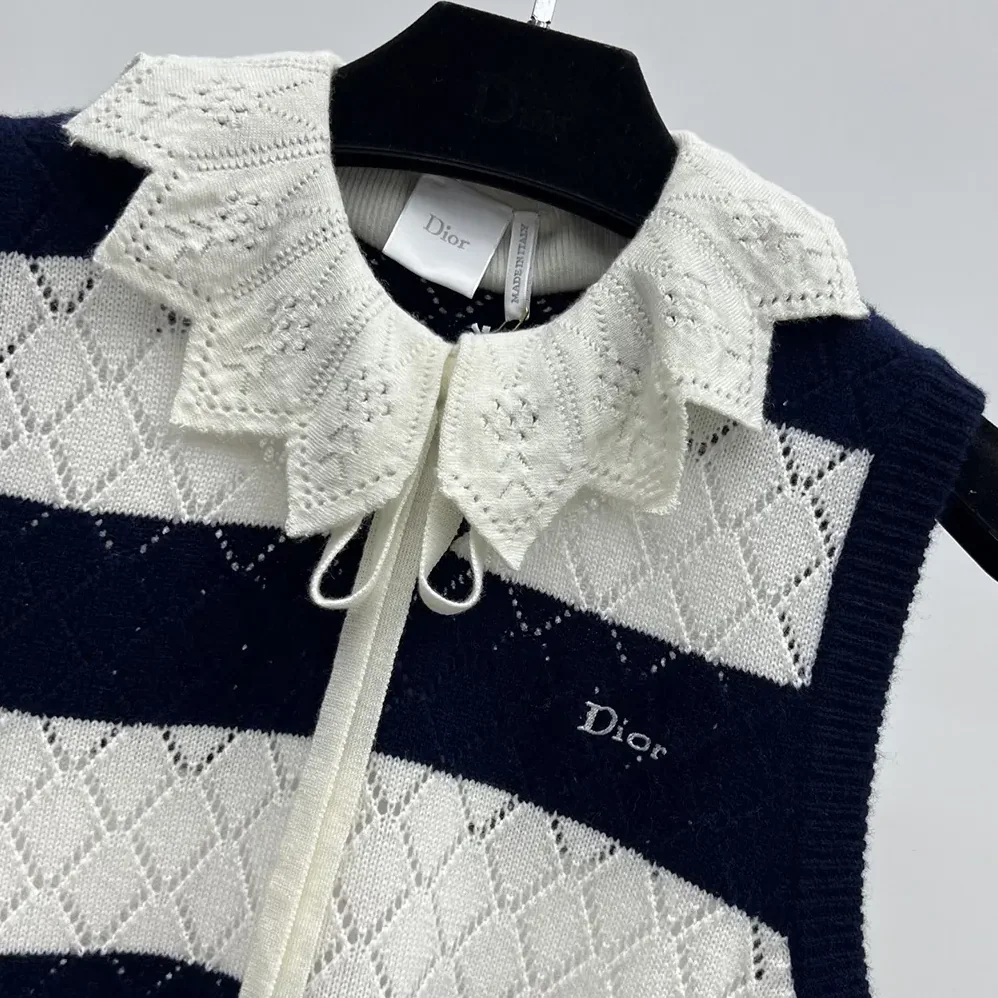 Dior Marinière Sweater Vest White and Navy Blue Openwork Cashmere Knit for Women