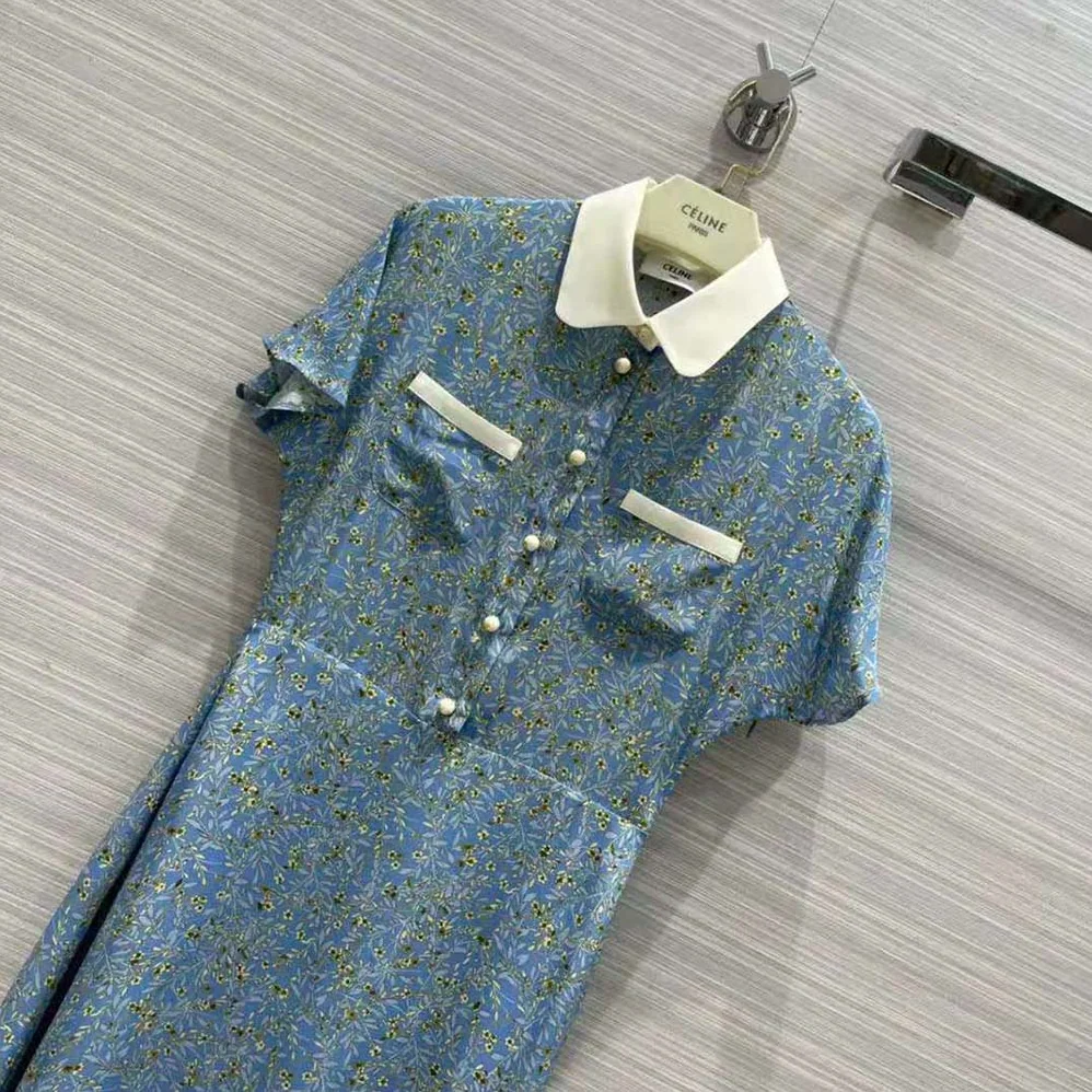 Celine Preppy Dress in Crepe DE Chine for Women in Blue