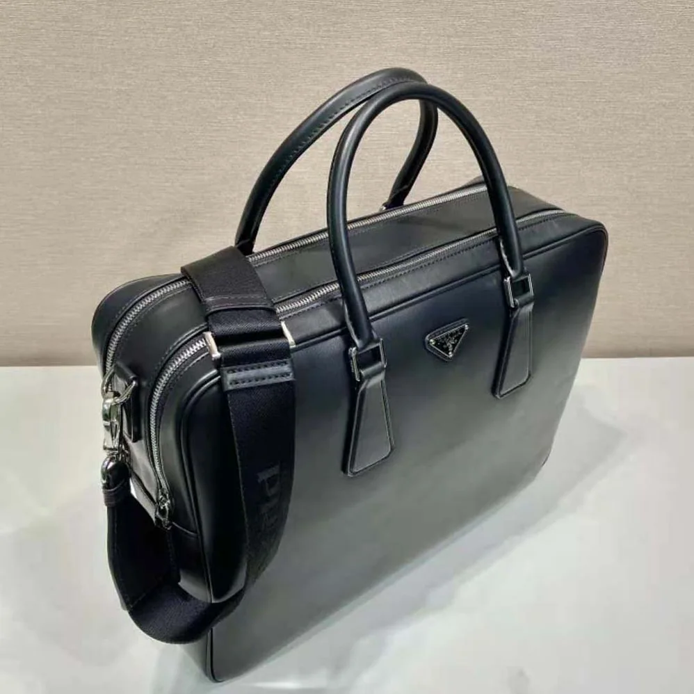 Prada Leather Briefcase with Enameled Metal Triangle Logo for Men Prada Leather Briefcase with Enameled Metal Triangle Logo for Men