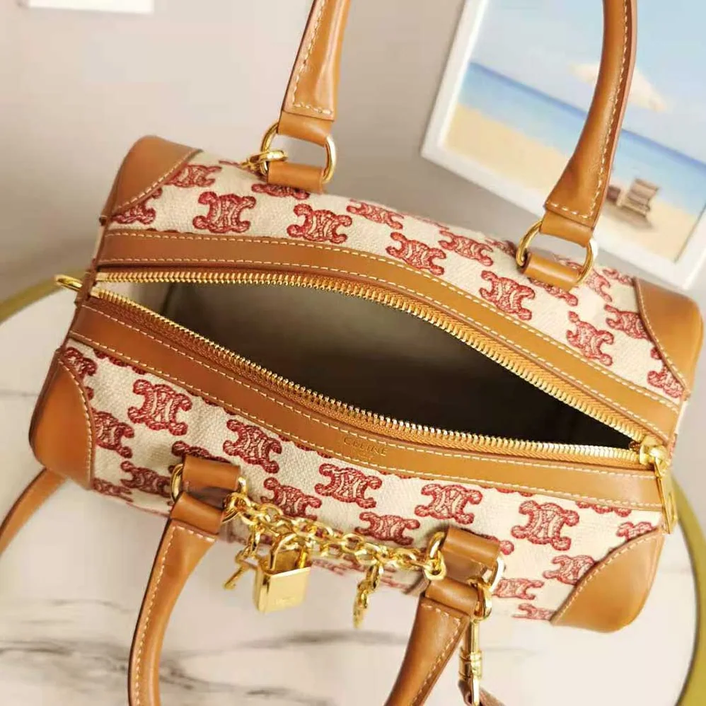 Celine Small Boston Bag in Textile With Triomphe Embroidery for Women