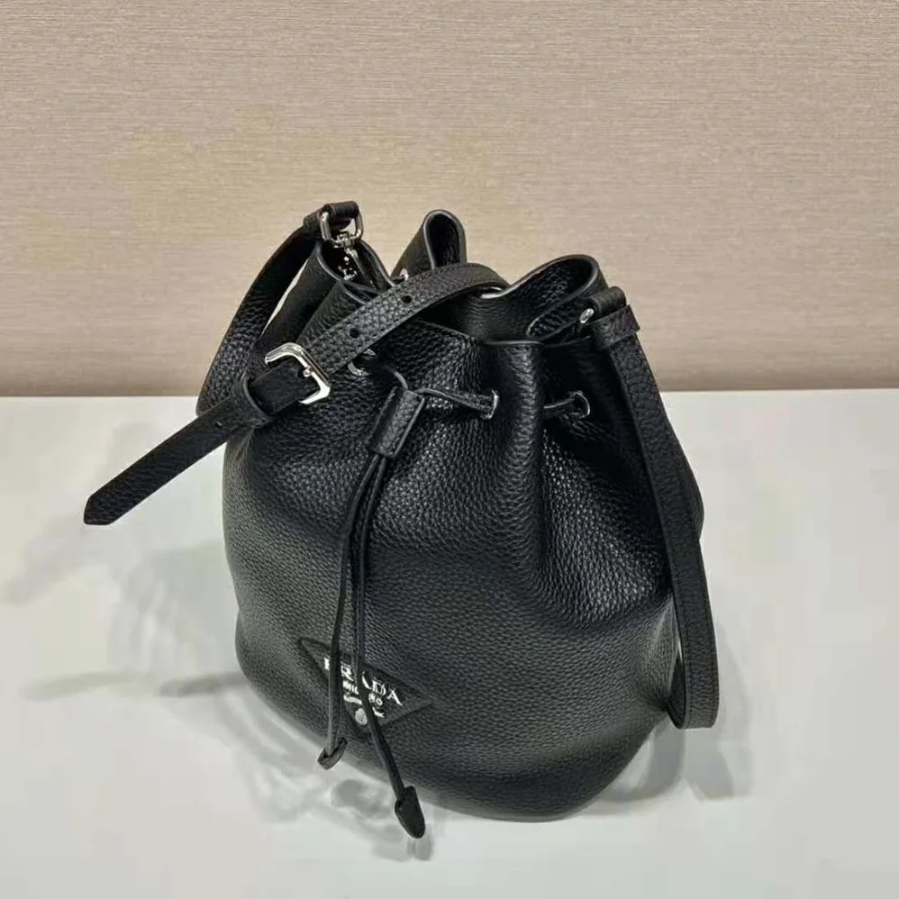 Prada Leather Bucket Bag with A Soft Silhouette for Women in Black