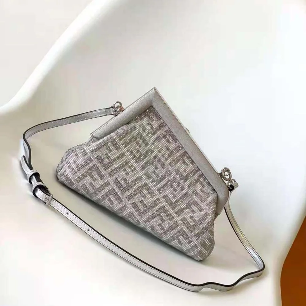 Fendi First Small Silver Leather Bag with Crystal FF Motif for Women Fendi First Small Silver Leather Bag with Crystal FF Motif for Women