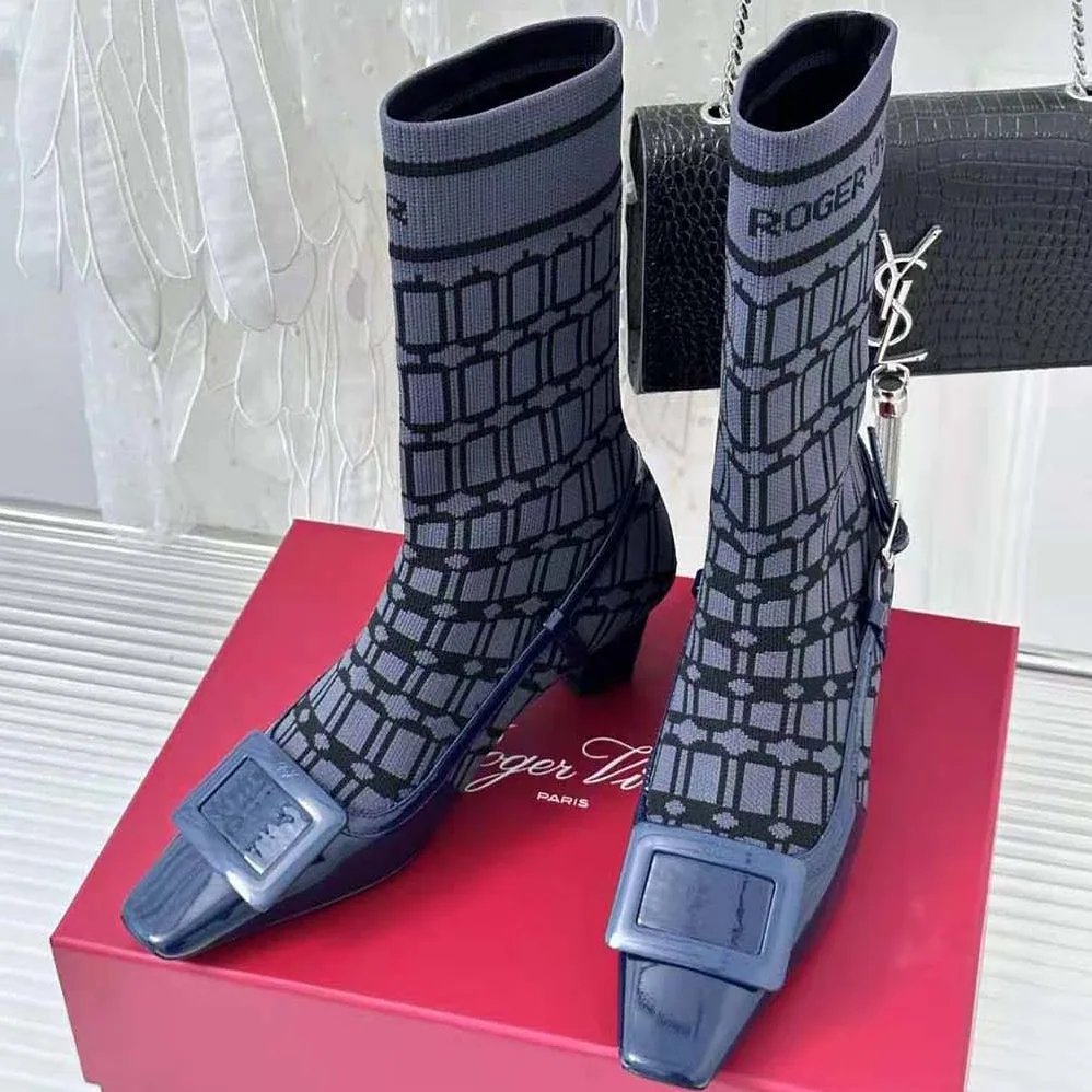 Roger Vivier Belle Vivier Sock Lacquered Buckle Ankle Boots in Patent Leather for Women in Blue Roger Vivier Belle Vivier Sock Lacquered Buckle Ankle Boots in Patent Leather for Women in Blue