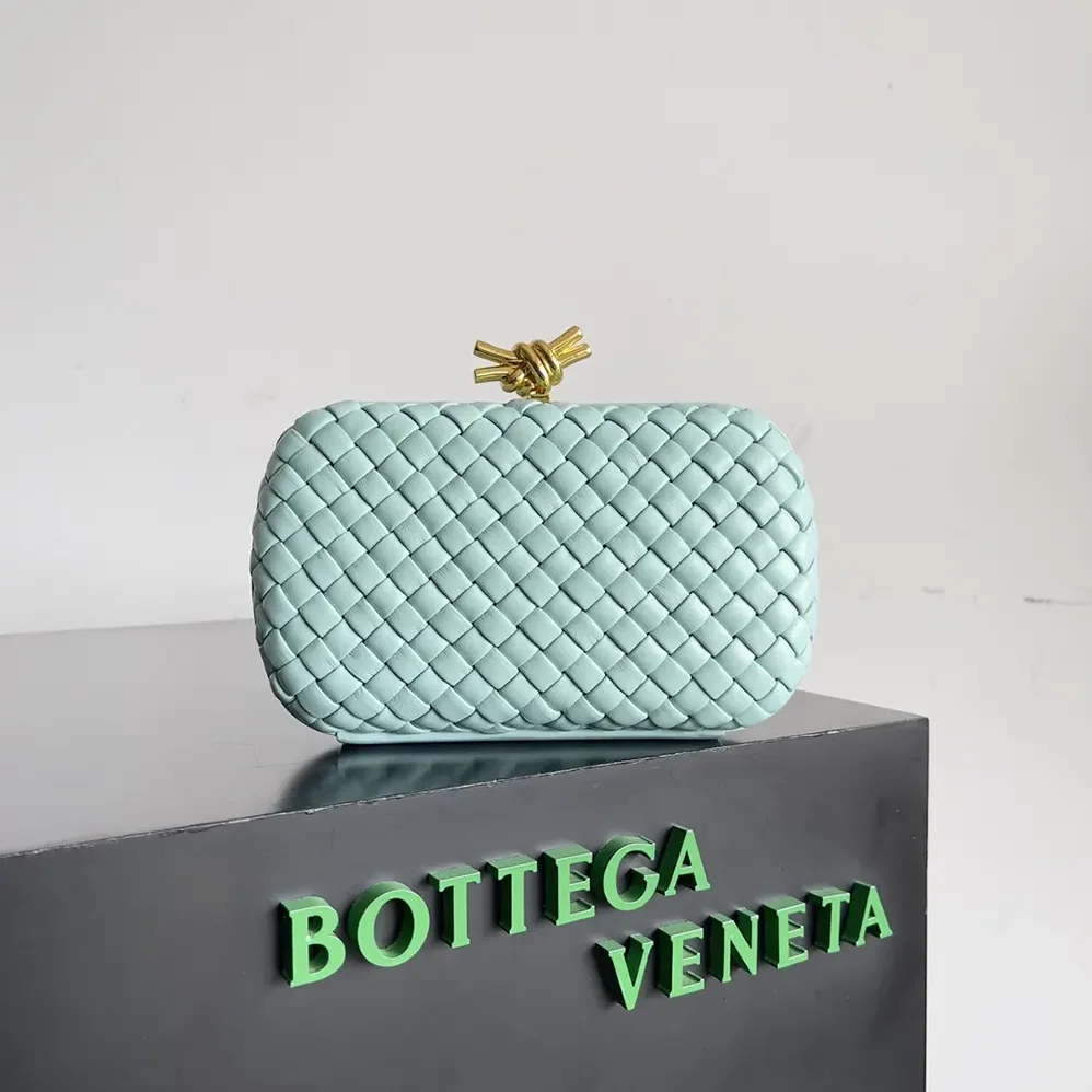 Bottega Veneta Knot Minaudière Clutch in Calfskin Leather for Women in Light Blue Bottega Veneta Knot Minaudière Clutch in Calfskin Leather for Women in Light Blue