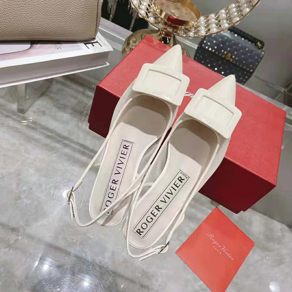 Roger Vivier Gommettine Net Lacquered Buckle Slingback Ballerinas in Fabric for Women in White