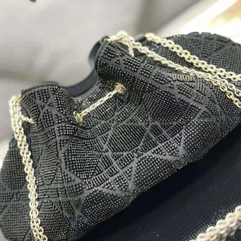 Dior Dior Dream Bucket Bag Black Cannage Cotton with Bead Embroidery for Women