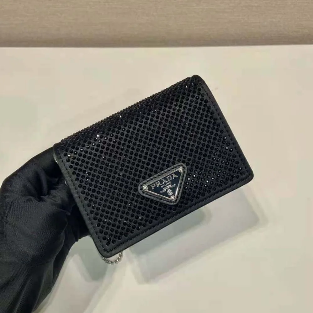 Prada Cardholder with Shoulder Strap and Crystals for Women in Black Prada Cardholder with Shoulder Strap and Crystals for Women in Black