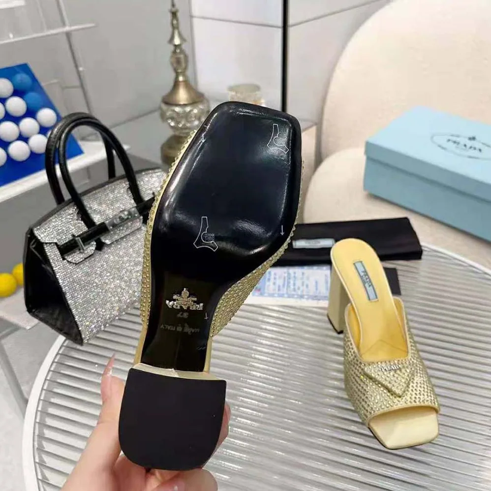 Prada High-Heeled Satin Slides with Crystals for Women in Yellow