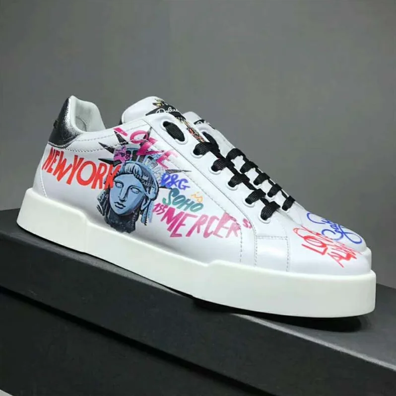 Dolce Gabbana D&G Shoes Portofino Sneakers in Printed Nappa Calfskin for Men in White