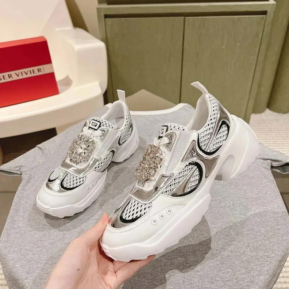 Roger Vivier Viv' on the Run Sneakers in Leather and Fabric for Women in White Roger Vivier Viv' on the Run Sneakers in Leather and Fabric for Women in White