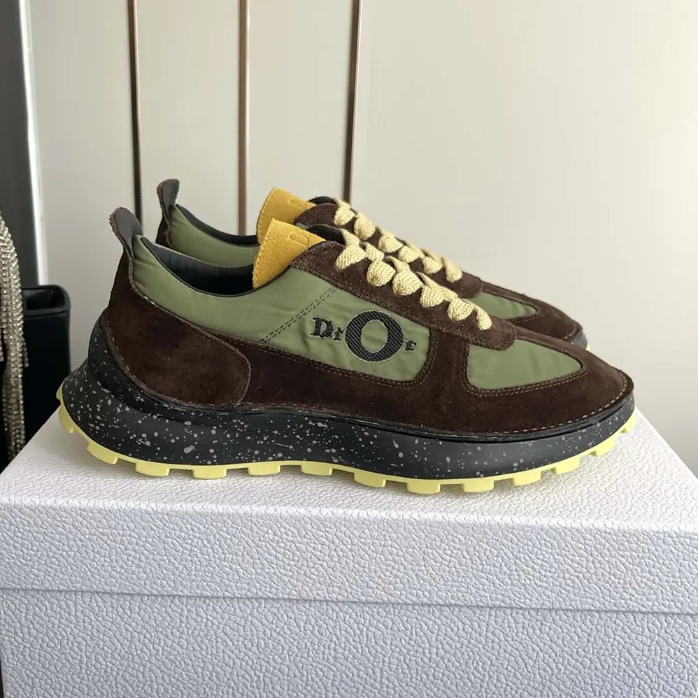 Dior Squash Sneaker Brown and Yellow Suede Calfskin with Green Technical Fabric for Unisex Dior Squash Sneaker Brown and Yellow Suede Calfskin with Green Technical Fabric for Unisex