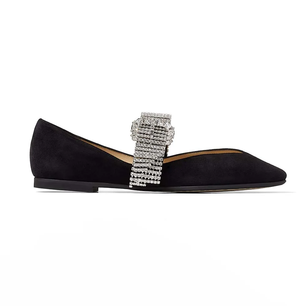 Jimmy Choo Krista Flat Black Suede Flats with Crystal for Women in Embellished Strap