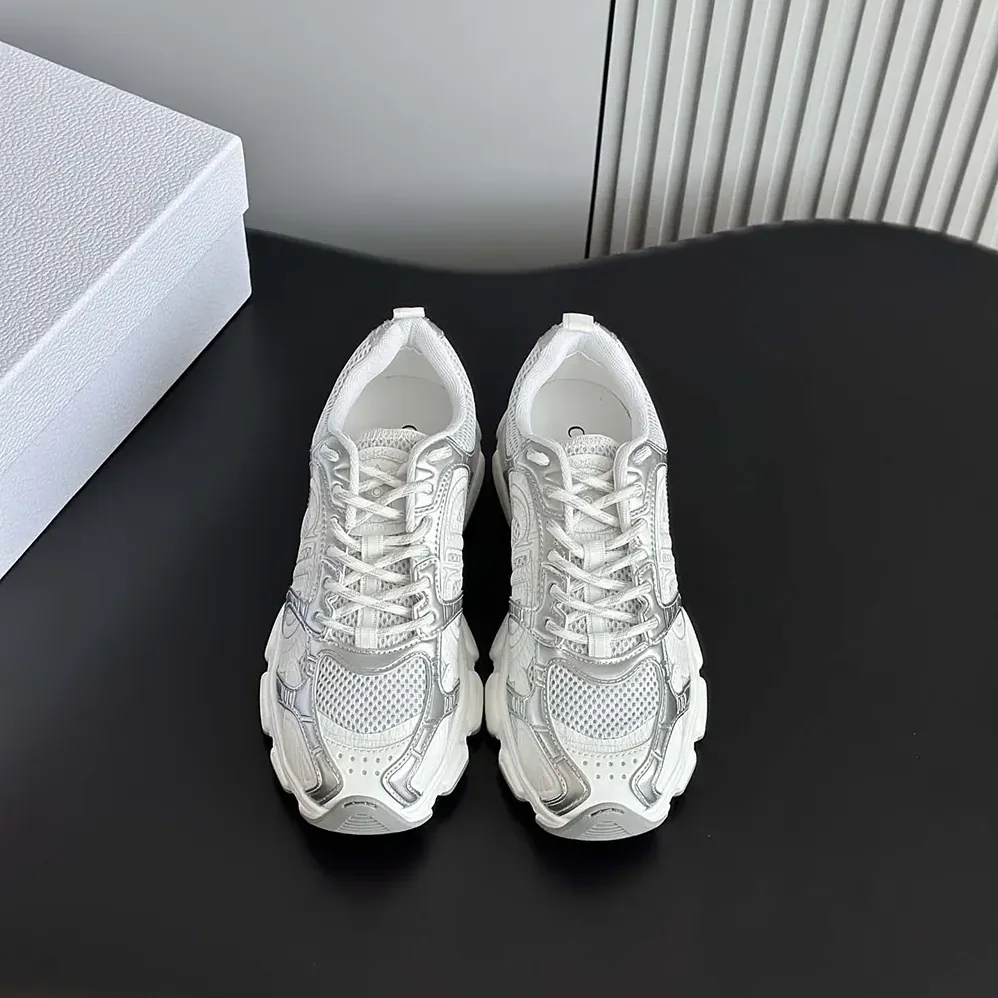Dior Chrono Sneaker White Mesh with Silver-Tone and White Laminated Leather for Unisex in Effect Inserts