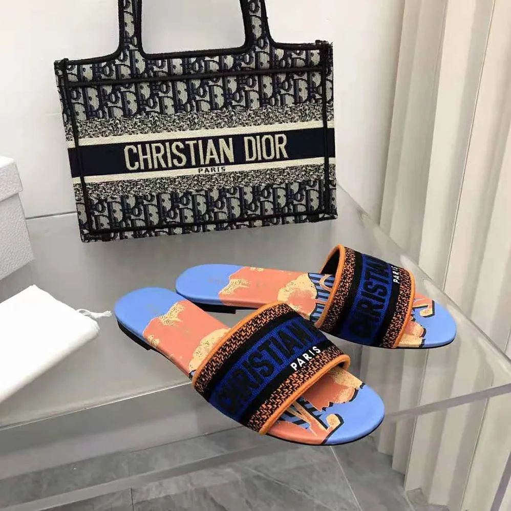 Dior Dway Slide Blue Multicolor D for Women in Flower Pop Cotton Embroidery
