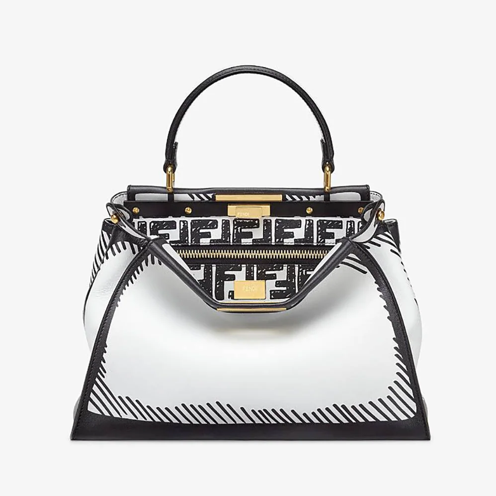 Fendi Peekaboo Iconic Medium White Leather FF Print Bag for Women Fendi Peekaboo Iconic Medium White Leather FF Print Bag for Women